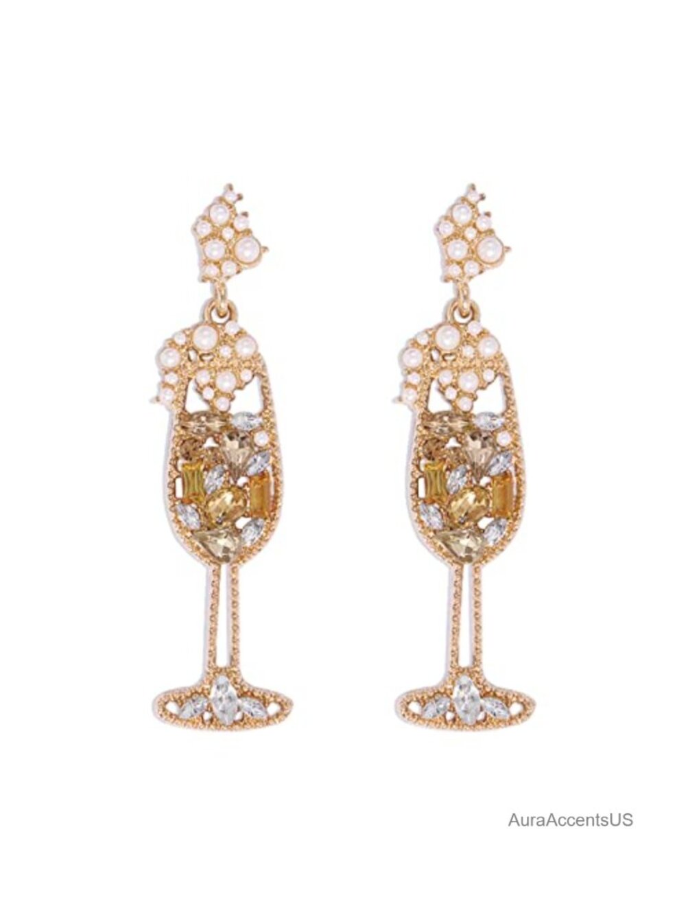 Champagne Wine Glass Dangle Earrings Crystal Rhinestone Pearl French Wire